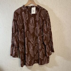 Elegant Brown Leaf Print Long Sleeve Dress